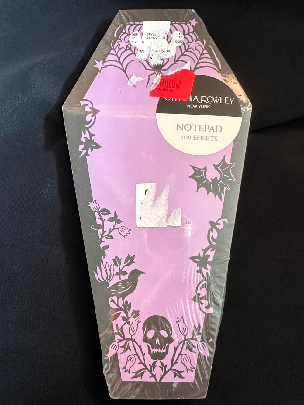 Cynthia Rowley NWT coffin shaped notepad. 100 sheets in purple & black
